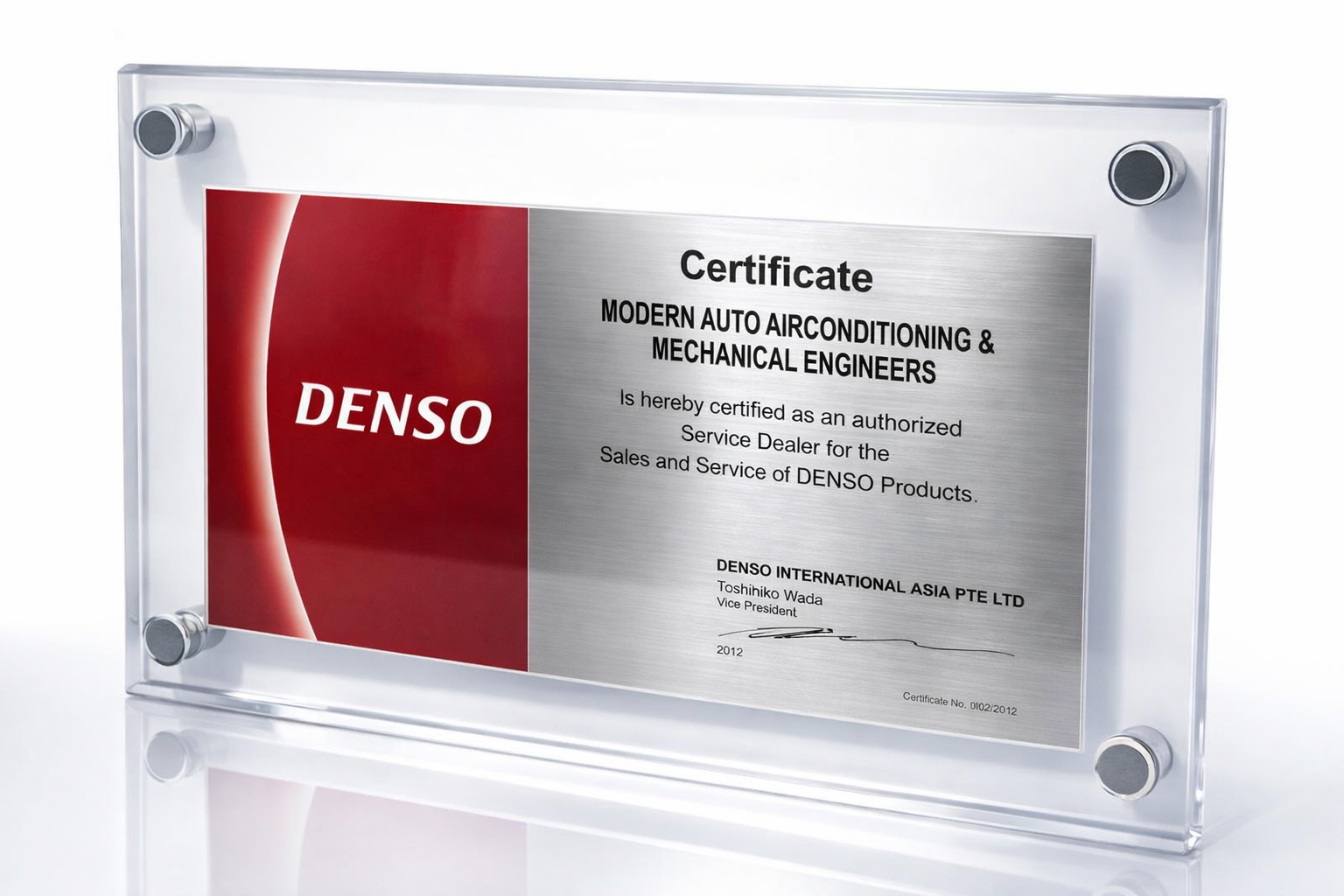 Denso Japan Authorized Service Dealer Certificate